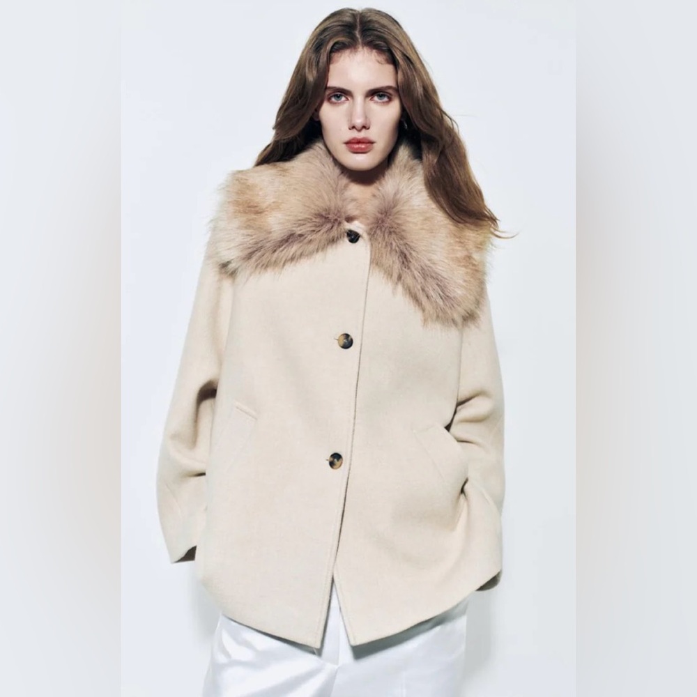 New Zara Manteco Wool Blend Coat Woman Beige Detachable Faux Fur Collar - Picture 2 of 4
